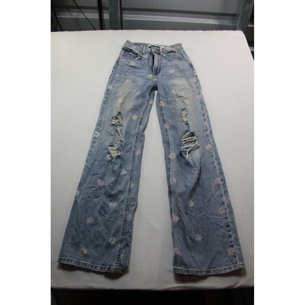 Wild Fable Jeans Womens 00 Blue Excellent Distressed Floral Wide Leg High Rise
